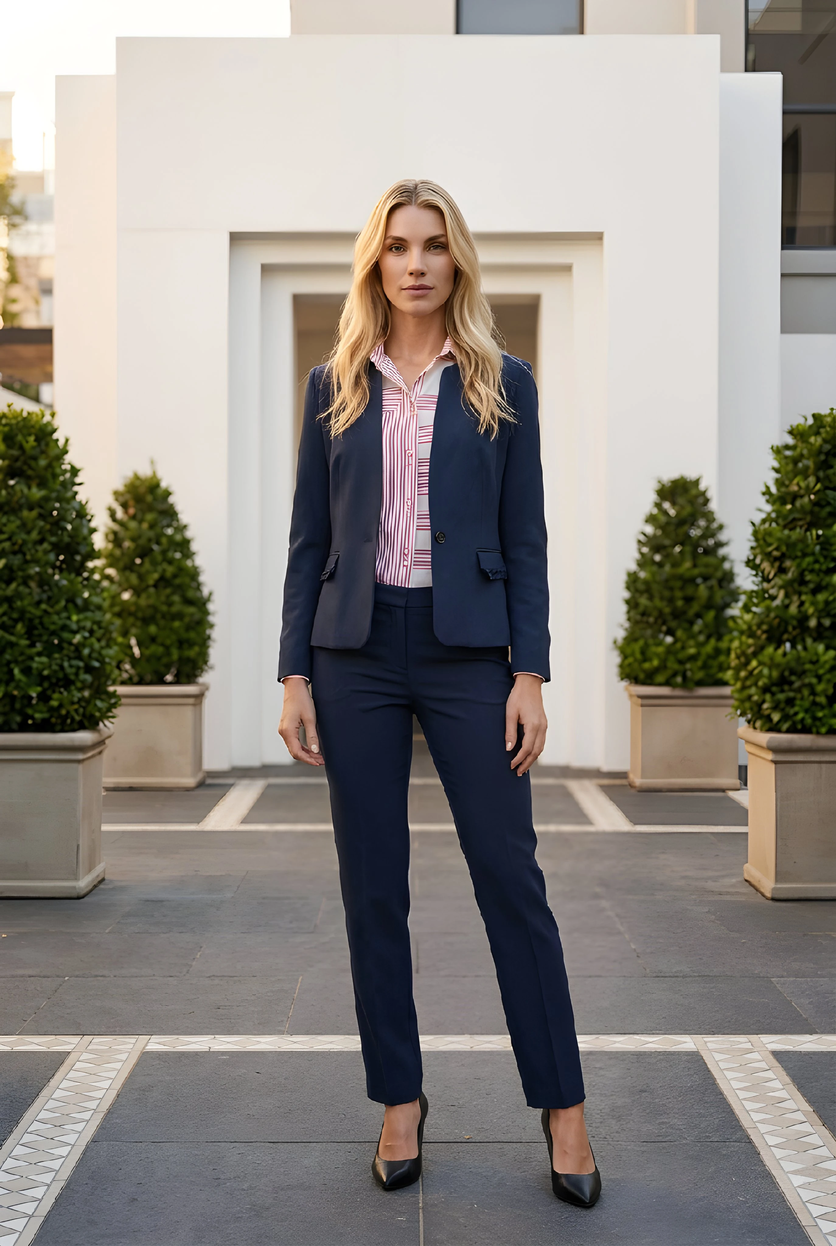 mujer con uniforme corporativo